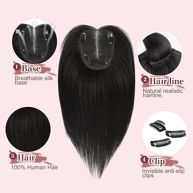 YAMI Real Human Hair Toppers - Clip in Hair Extensions, Larger Swiss Base, 12 Inch, 40g, Natural Black