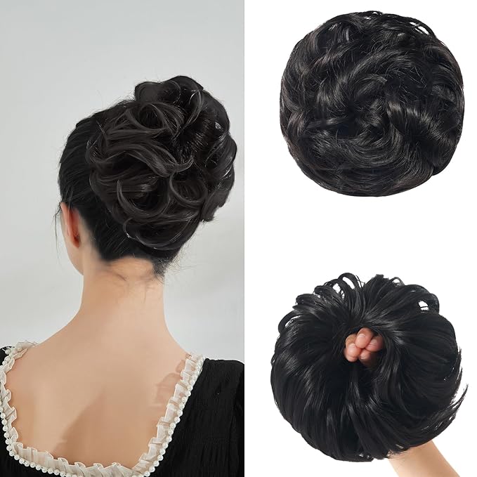 Large Messy Bun Hair Piece Curly Synthetic Extensions Scrunchies Fake Chignon Updo Hairpieces for Women Darkest Brown