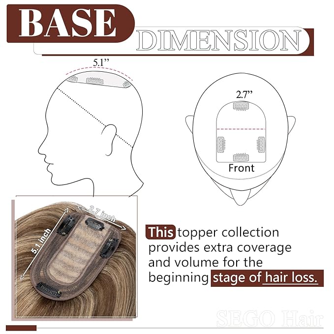 SEGO Real Human Hair Topper for Women, No Bangs Hair Topper with Anti-Slip Clips (6 Inch#4/27 Medium Brown Mix Dark Blonde)