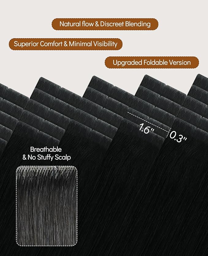 VINBAO Invisible Tape in Hair Extensions Human Hair 45g 20pcs Jet Black Seamless Injected Tape in Extensions Real Human Hair Seamless Pro Invisible 16inch #1