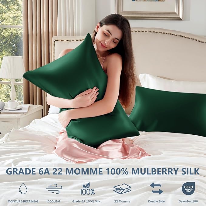 Silk Pillow Cases Standard Size 100% Mulberry Silk Pillowcase for Hair & Skin 22 Momme Both Sided Grade 6A Silk Cooling Soft Breathable 20 x 26 Inches with Hidden Zipper 1PC, Green