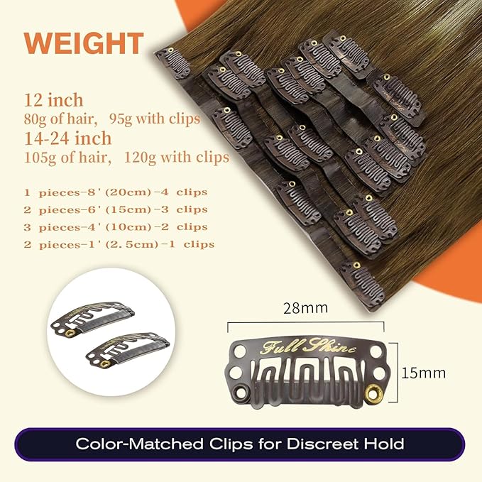 Full Shine Real Hair Extensions Clip in Human Hair Brown Balayage Seamless Clip in Hair Extensions Brown Ombre Platinum Blonde and Light Brown Remy Hair 18 Inch 8 PCS 120 G