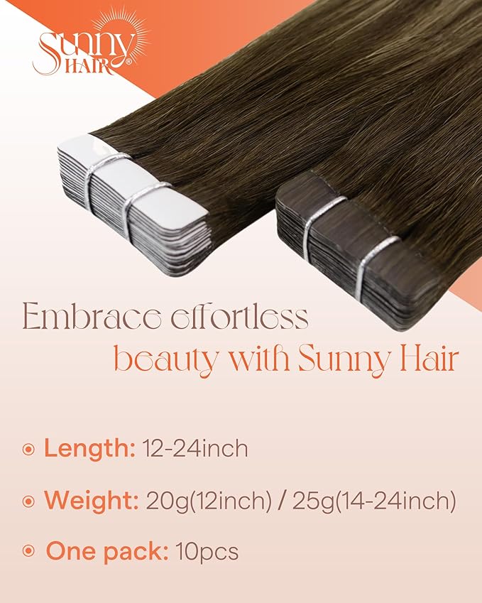 Sunny Hair Tape in Hair Extensions Real Human Hair Invisible Remy Hair Extensions Tape ins for Women Dark Brown Ombre Caramel Blonde Balayage 20 inch 25G