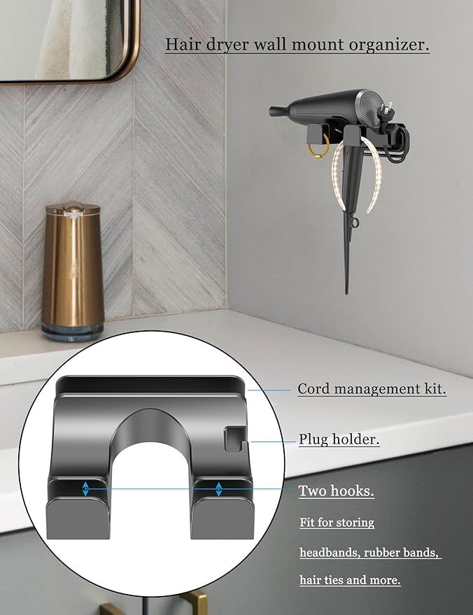Universal Hair Dryer Holder Wall Mounted, Blow Dryer Holder Cabinet Door, Hairdryer Holder for Bathroom, Hair Dryer Storage Rack Fixed by Screw or Adhesive (Black)