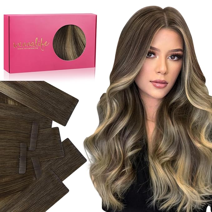 WENNALIFE Invisi Edge & Classic Tape in Hair Extensions Human Hair, 18 Inch 50g 20pcs(10pcs Invisi Edge & 10pcs Classic) Balayage Chocolate Brown to Caramel Blonde Invisible Luxury Remy Hair Injected