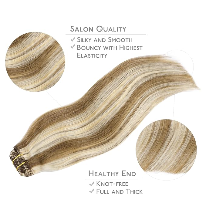 WENNALIFE Clip in Hair Extensions Real Human Hair, 18 Inch 120g 7pcs Ash Brown with Platinum Blonde Highlights Hair Extensions Human Hair Remy Straight Natural Extensiones De Cabello Humano Con