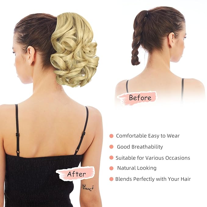 Ponytail Extension, Clip on Ponytails for Women, 9" Claw Clip in Short Curly Wavy Pony Hair Extension for Women - Light Honey Blonde
