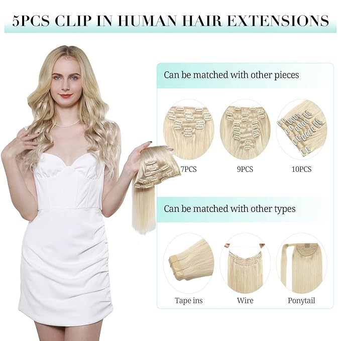 DOORES Clip in Human Hair Extensions, 5 pcs 80g Light Blonde Highlighted Golden Blonde Balayage 20 Inch Hair Extensions Clip in Real Straight Natural Hair