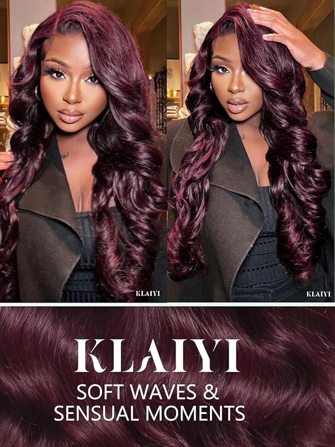 KLAIYI Black Cherry Loose Body Wave Pre Eeverything 13x4 Lace Frontal Wigs Human Hair Bye Bye Knots Glueless Ready to Wear and Go Wig with Face Framing Bangs Drawstring Pre Plucked Burgundy Wig 24Inch