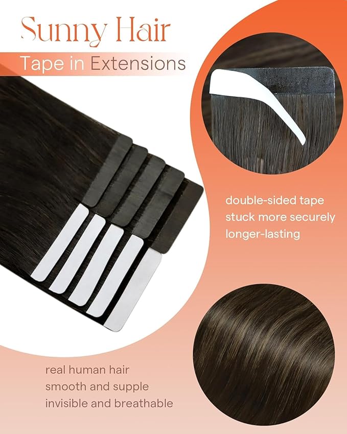 Sunny Hair Tape in Hair Extensions Real Human Hair Invisible Remy Hair Extensions Tape ins for Women Darkest Brown Ombre Medium Brown Balayage 16 inch 25G