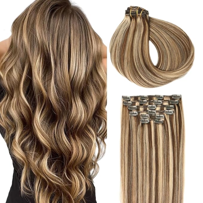 SURNEL Real Hair Extensions Clip in Human Hair 14 Inch Chocolate Brown and Caramel Blonde Clip in Hair Extensions 6pcs 100g(#4P27,14'')