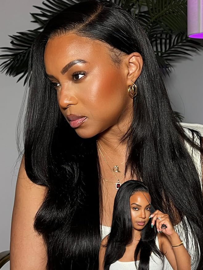 Julia Hair Yaki Straight Pre Cut HD Lace Closure Wigs Human Hair with Elastic Drawstring Glueless Wig Human Hair 7x5 Lace Front Bye Bye Knots Wig Pre Plucked Bleached Knots Natural Hairline 24 Inch