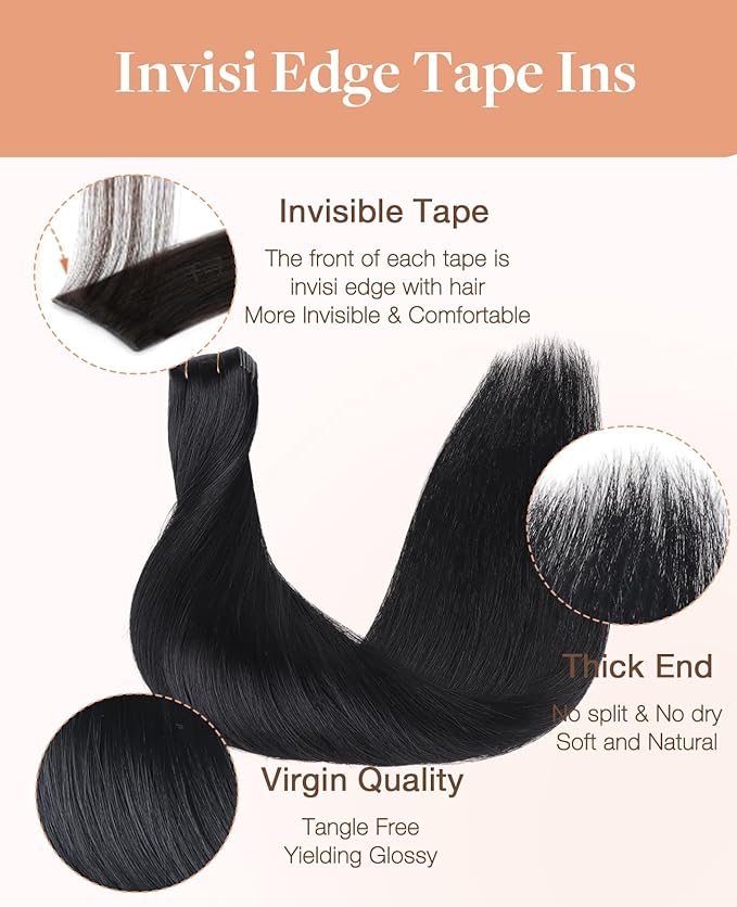 GOO GOO Invisi Edge Tape in Hair Extensions Human Hair, 1 Jet black 20pcs 20inch 50g, Virgin Remy Hair, Seamless Injected Tape, Natural Look