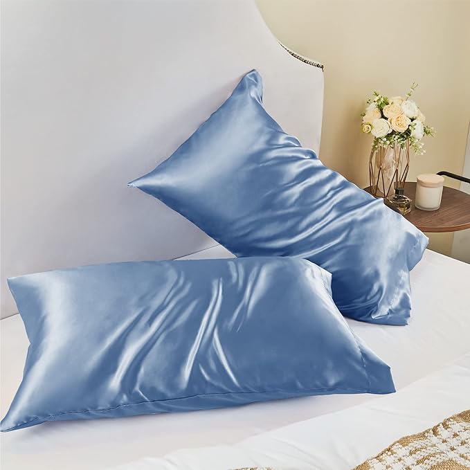 BEDELITE Satin Pillowcase for Hair and Skin, Super Soft and Cooling Similar to Silk Pillow Cases 2 Pack with Envelope Closure, Gift for Women Men(20"x36" King Size, Airy Blue)