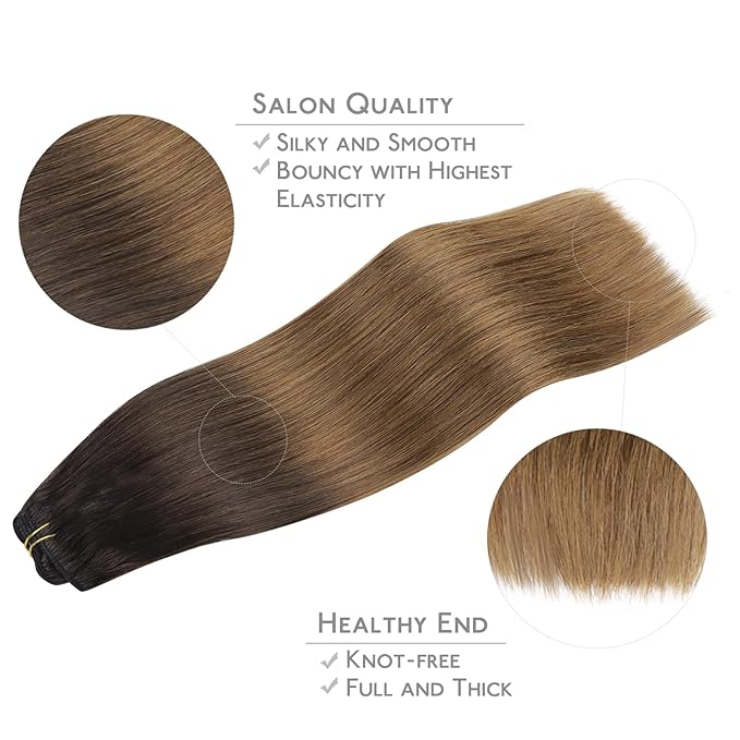 WENNALIFE Clip in Hair Extensions Real Human Hair, 18 Inch 150g 9pcs Remy Hair, Ombre Dark Brown to Light Chestnut Brown Straight Natural Extensiones De Cabello Humano Con Clip Ins