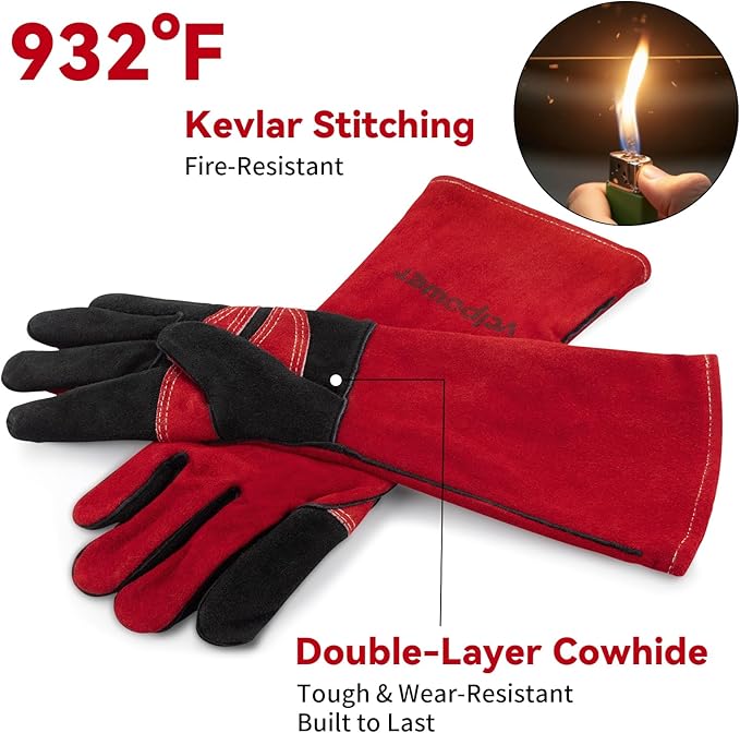 Fireplace Welding Gloves Fire Heat Resistant16IN 932°F Fireproof Leather for Fire Pit Wood Stove Campfire Furnace BBQ Baking,Grill Oven Stick Mig Tig Gear Birthday Christmas Gift for Man L