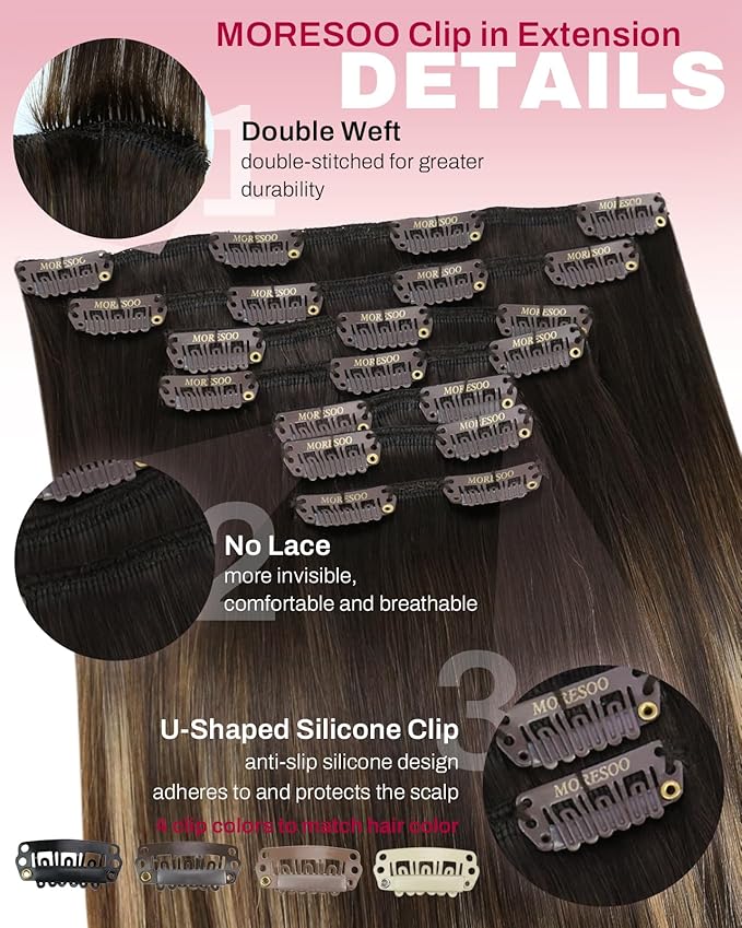 Moresoo Real Hair Extensions Clip in Human Hair Balayage Dark Brown to Ash Blonde with Dark Blonde Ombre Human Hair Clip in Extensions Double Weft 7pcs/150g 24inch