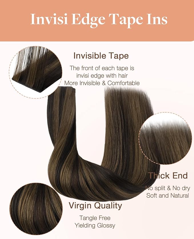 GOO GOO Invisi Edge Tape in Hair Extensions Human Hair, 2/6 Dark Brown Highlighted Chestnut Brown 10pcs injected with 10pcs classical tape ins, 16inch 50g, Virgin Remy Hair, Natural Look