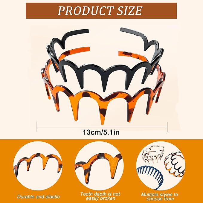 5 PCS Zig Zag Headbands for Women Non Slip, Recycled Plastic Tortoise & Black Headbands with Teeth for Slicked Back Styles, high skull headband Comfortable Comb Hairbands for Women & Girls