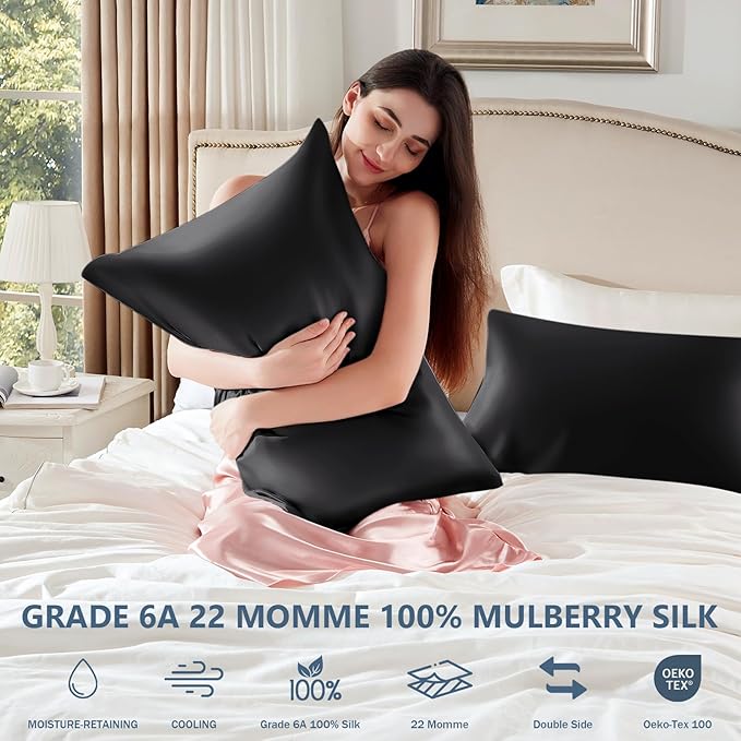 Silk Pillow Cases 2 Pack Standard Size Mulberry Silk Pillowcase Set of 2 for Hair & Skin 26 x 20 Inches 22 Momme Both Sided Grade 6A Silk Soft Breathable Cooling with Hidden Zipper, Black