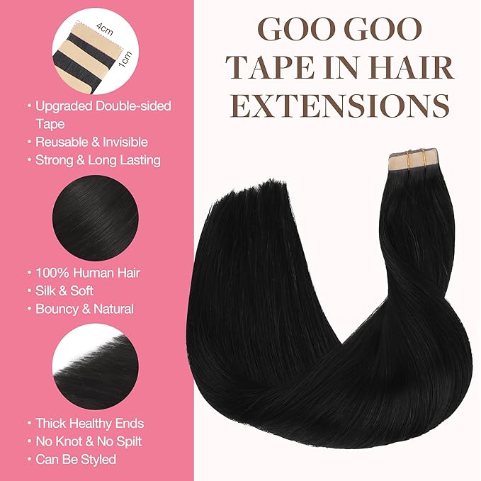 GOO GOO Tape in Hair Extensions Human Hair, 1 Jet black, 20inch 30g 10pcs, Skin Weft Seamless Invisible, Silky Straight with Thick Ends, Remy Human Hair