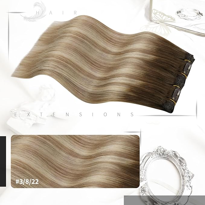 Moresoo Balayage Clip in Hair Extensions Medium Brown to Light Brown with Medium Blonde Ombre Clip in Human Hair Extensions Remy Human Hair Long Full Head 120g/7pcs 20in