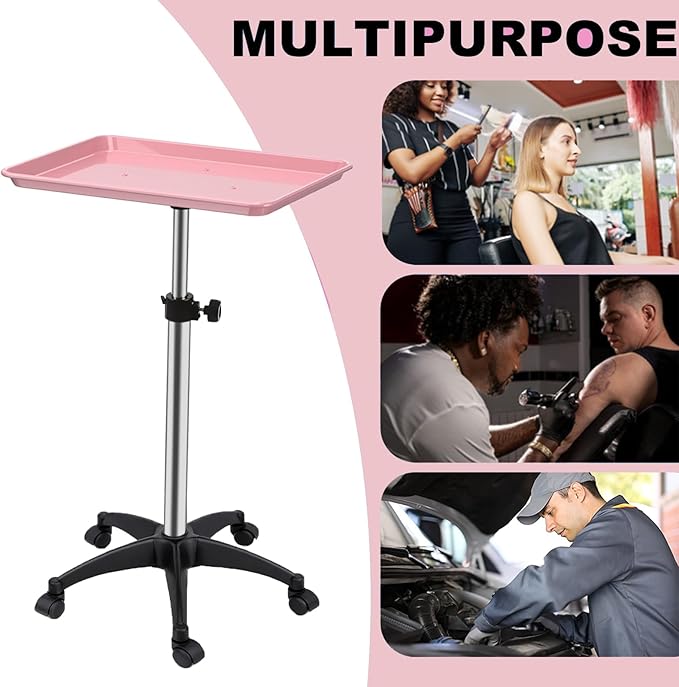 Salon Rolling Tray, Height Adjustable Tattoo Tray Rolling Cart, Storage Utility Trolley for Spa, Beauty Salon Service, Hairdresser Cart with Wheels, Black (Pink)