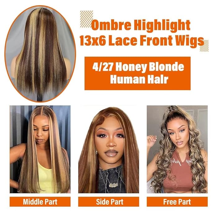 13x6 Ombre Lace Front Wigs Human Hair for Women 180 Density 4/27 Highlight Colored HD Transparent 24 Inch Straight Lace Front Wig Human Hair Pre Plucked Glueless Lace Frontal Wigs