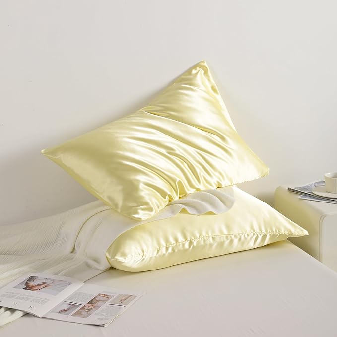 NTBAY 2 Pack Satin Standard Pillowcases for Hair and Skin, Luxurious and Silky Pillow Cases with Envelope Closure, 20x26 Inches, Light Yellow
