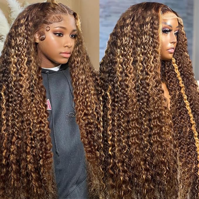 250% Density Hidden Strap 360 Lace Front Wigs Human Hair Deep water Wave Honey Blonde Curly Human Hair wig Ombre Deep Wave 4/27 Highlight Lace Front Wigs Wet And Wavy Wigs for Women 22 Inch
