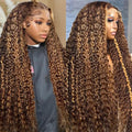 Hidden Strap Deep Wave 360 Lace Front Wigs Human Hair Highlight Ombre full lace Deep Curly Honey Blonde 4/27 Human Hair Wig with invisible drawstring Ombre 360 Glueless Wigs Human Hair 30 Inch