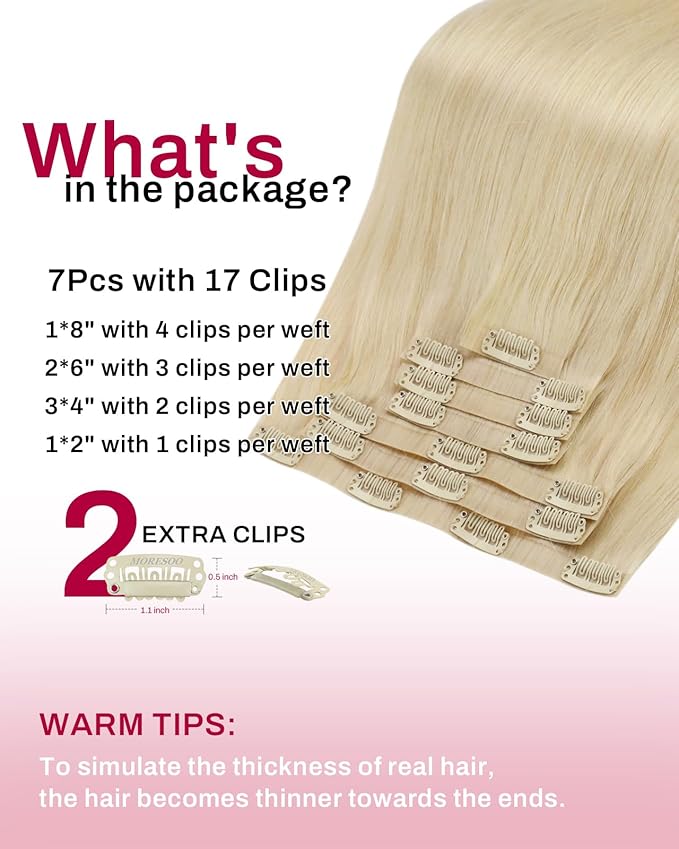 Moresoo Seamless Clip in Hair Extensions Human Hair Blonde Seamless Real Human Hair Extensions Clip ins Platinum Blonde Pu Weft Long And Straight 120g/7pcs 18 inch
