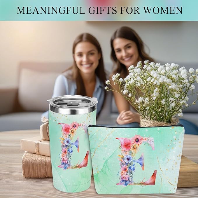 Personalized Gifts Monogrammed Birthday Gifts for Women, Daughter Bestie Friendship Christmas Initial 20 oz Tumbler, Makeup Bag Cup Ballpoint Pens Journal Notebook 6 Set, (Aesthetic Green Flower E)
