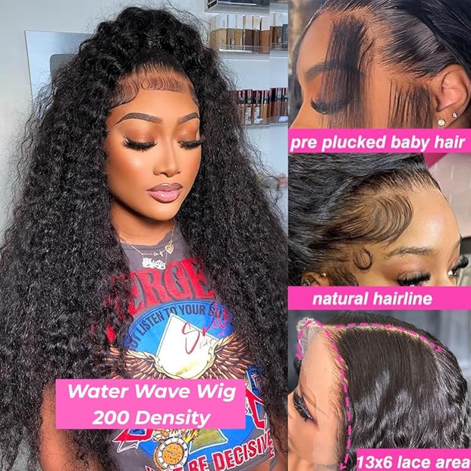 28 Inch Water Wave 13x6 HD Lace Front Wigs Human Hair Pre Plucked 200 Density Deep Part Curly Wig for Women Water Wave Frontal Wigs Human Hair