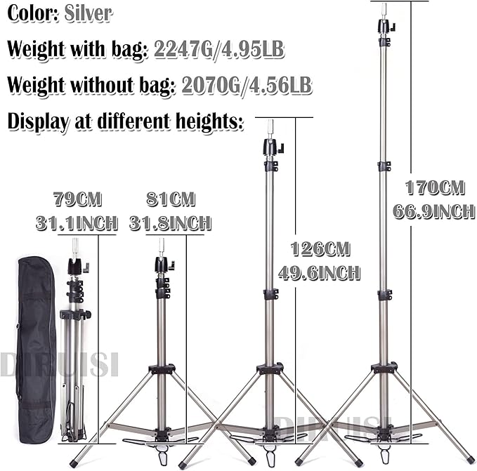 Reinforced Wig Stand Tripod Mannequin Head Stand Adjustable Wig Head Stand Holder for Cosmetology Hairdressing Training with Carrying Bag (Silver)