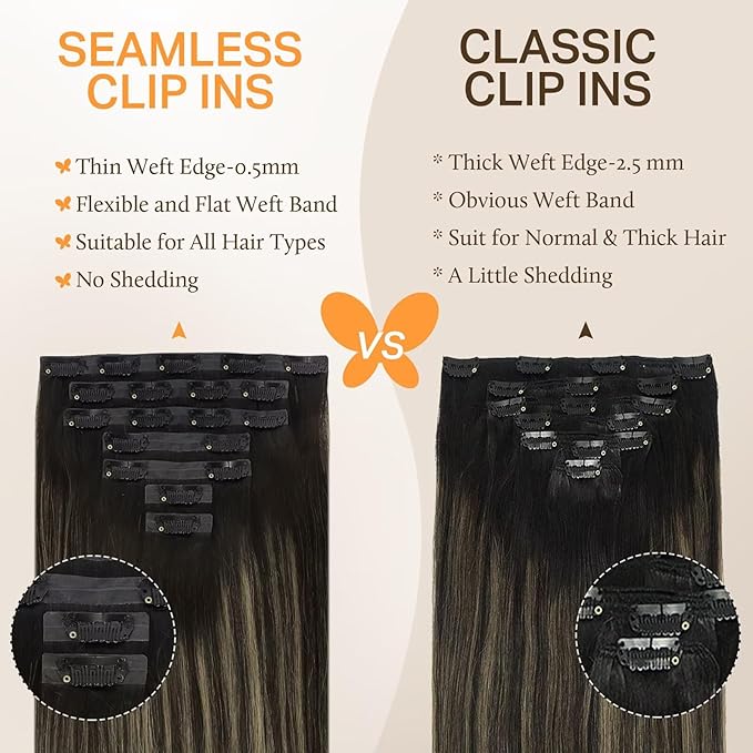DOORES Clip in Hair Extensions, 7pcs 18 Inch 110g Balayage Natural Black to Light Blonde, Seamless Human Hair Extensions Seamless Clip Remy Hair Straight Hair Extensions Invisi Edge Hair Extensions