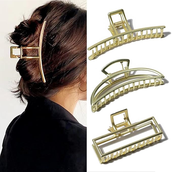 FAELBATY Hair Claw Clips, Large Gold Metal Strong Hold Hair Clips 4 Inch Non-Slip Hair Clips Accessories for Women 3 Styles - Butterfly, Claw, Hair Securing, Hairdressing, 3 Count