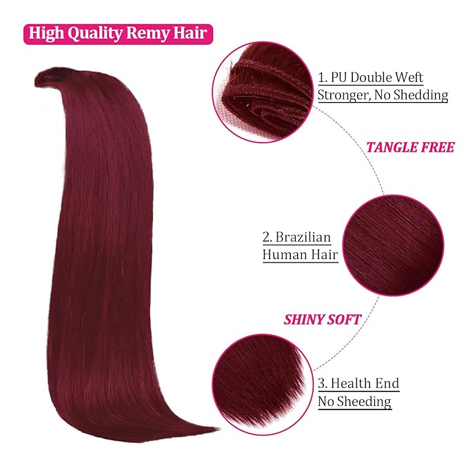 Clip in Hair Extensions Real Human Hair 125g Burgundy Real Hair Extensions Human Hair Clip ins 8pcs 18clips Double Weft Human Extensions for Women Hair Loss and Thinning Hair