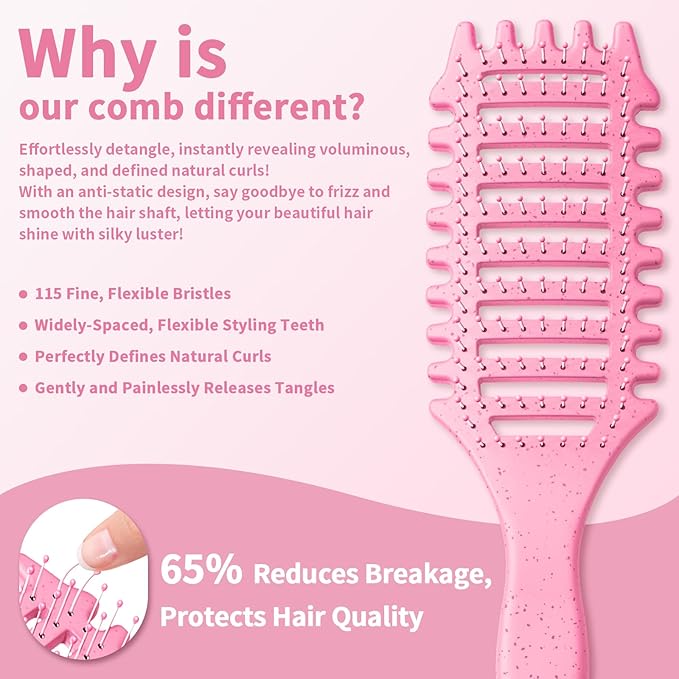 Curl Defining Brush, 4-in-1 Curly Hair Brush – Flexible Styling Brushes for Women and Men, Curls Detangling Hairbrush Featuring a Crescent Shape and Ultra-Smooth Bristles for Wet & Dry Hair - Pink