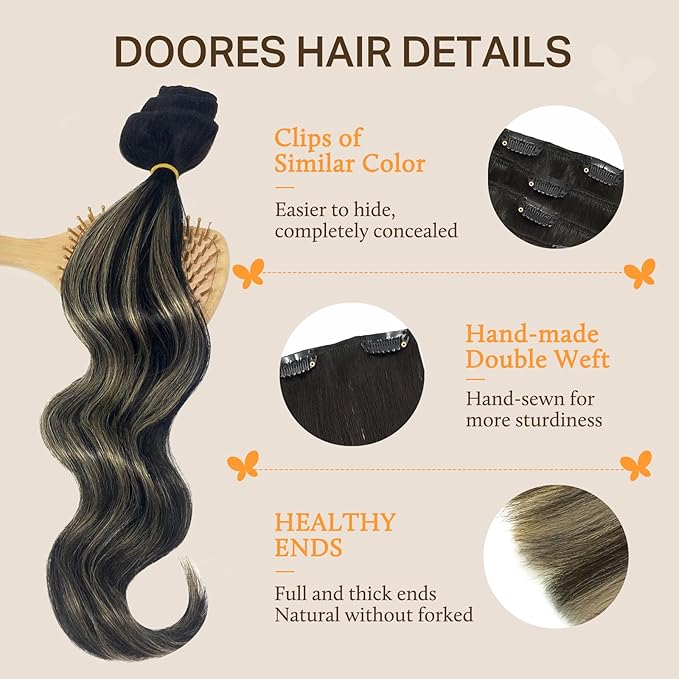 DOORES Clip in Hair Extensions Human Hair, 75g 5pcs Balayage Natural Black to Light Blonde 16 Inch Real Human Hair Extensions Clip in Remy Straight Natural Hair Extensions