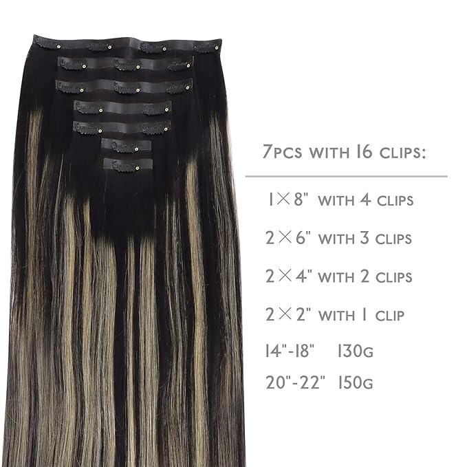 WENNALIFE Seamless Clip In Hair Extensions, 18 Inch 130g 7pcs Natural Black to Light Blonde Hair Extensions Clip in Human Hair Invisible PU Skin Weft Natural Remy Human Hair Extensions