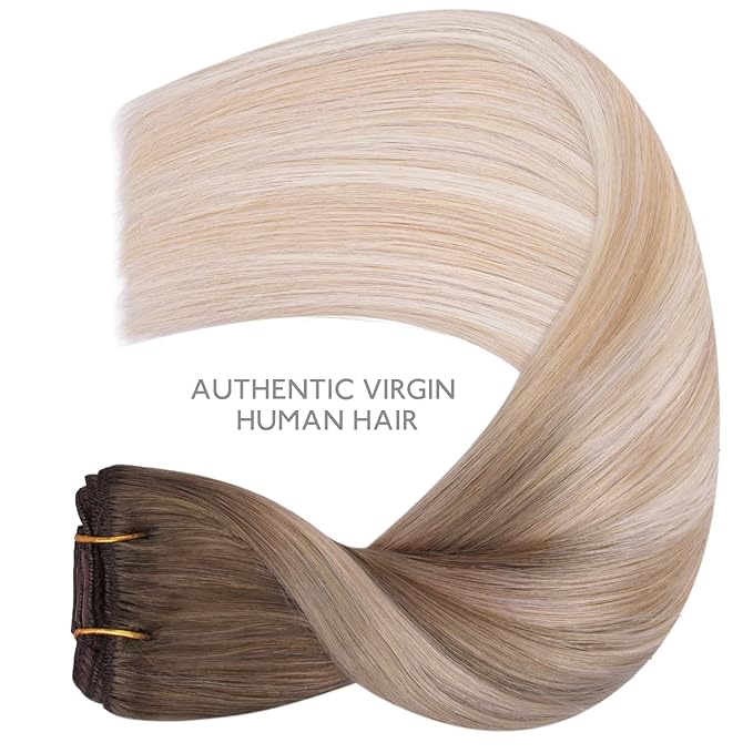 WENNALIFE Clip in Hair Extensions Real Human Hair, 22 Inch 120g 7pcs Balayage Sandy Brown to Platinum Blonde Remy Hair Natural Double Weft
