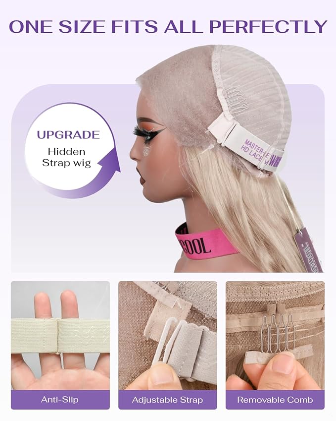 Hidden Strap Milk Tea Ash Blonde Wig Human Hair Body Wave 360 Lace Front Wig Human Hair Ombre Glueless Wigs Pre Bleached Bleached Knots 180% Density Drawstring HD Full Lace Wigs 20Inch