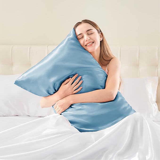 BEDELITE Satin Pillowcase with Zipper, Blue King Size Pillow Cases Set of 2, Super Soft and Cooling Similar to Silk Pillow Cases, Gift for Women Men(20x40 Inches)