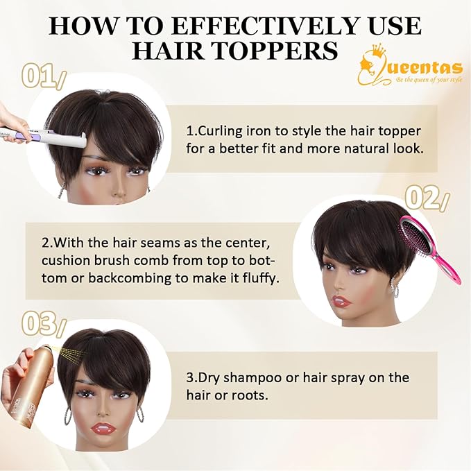 QUEENTAS Brown Short Hair Toppers for Women with Thinning Hair 360°3D Cover with 3 Clips Hair Pieces Wispy Bangs 4.6"*3.6" Coverage(Dark Brown/#2)