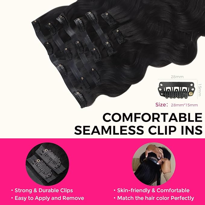 Lashey Seamless Clip in Hair Extensions Human Hair #1 Jet Black Body Wave 7pcs 110g 22 Inch Invisible PU Weft Human Hair Clip in Extensions for Women