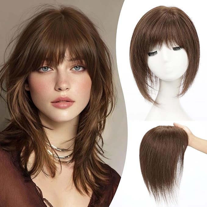 EMMOR 12 Inch Human Hair Topper for Women - Real Hair Topper with Bangs & 6.5" × 6.5" Larger Base, Natural Thin Hair Solution for Women(Brown)