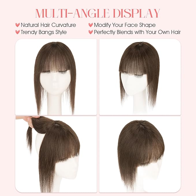 Hairro Mono Hair Toppers with Bangs, 3.4" x 3.4" Mono Base 100% Real Human Hairpieces for Women, 150% Density Clips In Topper for Greyish Thinning Hair, 16 Inch Cocoa Brown