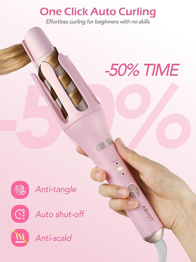 Automatic Curling Iron, HC04 Long Barrel 1.5 inch Rotating Curling Iron Wand for Womens Long Hair, Ceramic Hair Curlers with 2-Way Opening, Dual Voltage, 600M Ions for Bouncy Waves