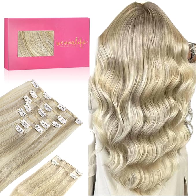 WENNALIFE Hair Extensions Clip In, 9pcs 24inch 150g Ash Blonde Highlighted Platinum Blonde Thicker Clip In Hair Extensions Real Human Hair Remy hair extension Double Weft Clip in Human Hair Extensions
